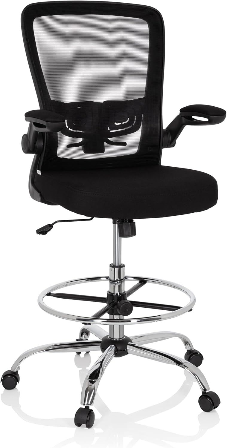 hjh OFFICE 719901 Arbeitsstuhl VENDO Work Netzstoff Schwarz Counterstuhl hoch, Armlehnen klappbar, Ring-Fußstütze