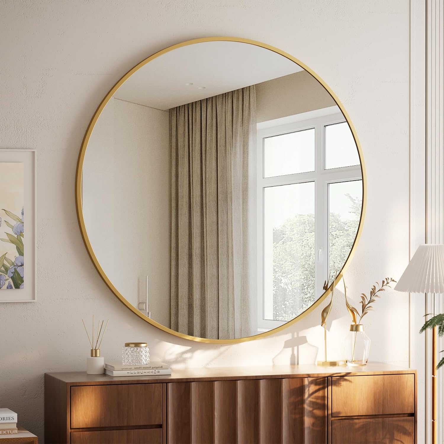 BEAUTYPEAK 106 cm Runder Spiegel, Bruchsicherer Wandspiegel mit Aluminiumrahmen, Badezimmer Spiegel zum Aufhängen und Anlehnen, Rund Wandspiegel für Schlafzimmer, Bad, Wohnzimmer Gold