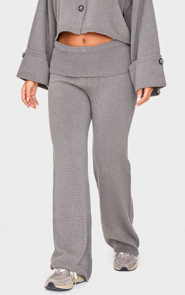 Gris Cendré Pantalon Évasé En Maille À Taille Repliée Petite