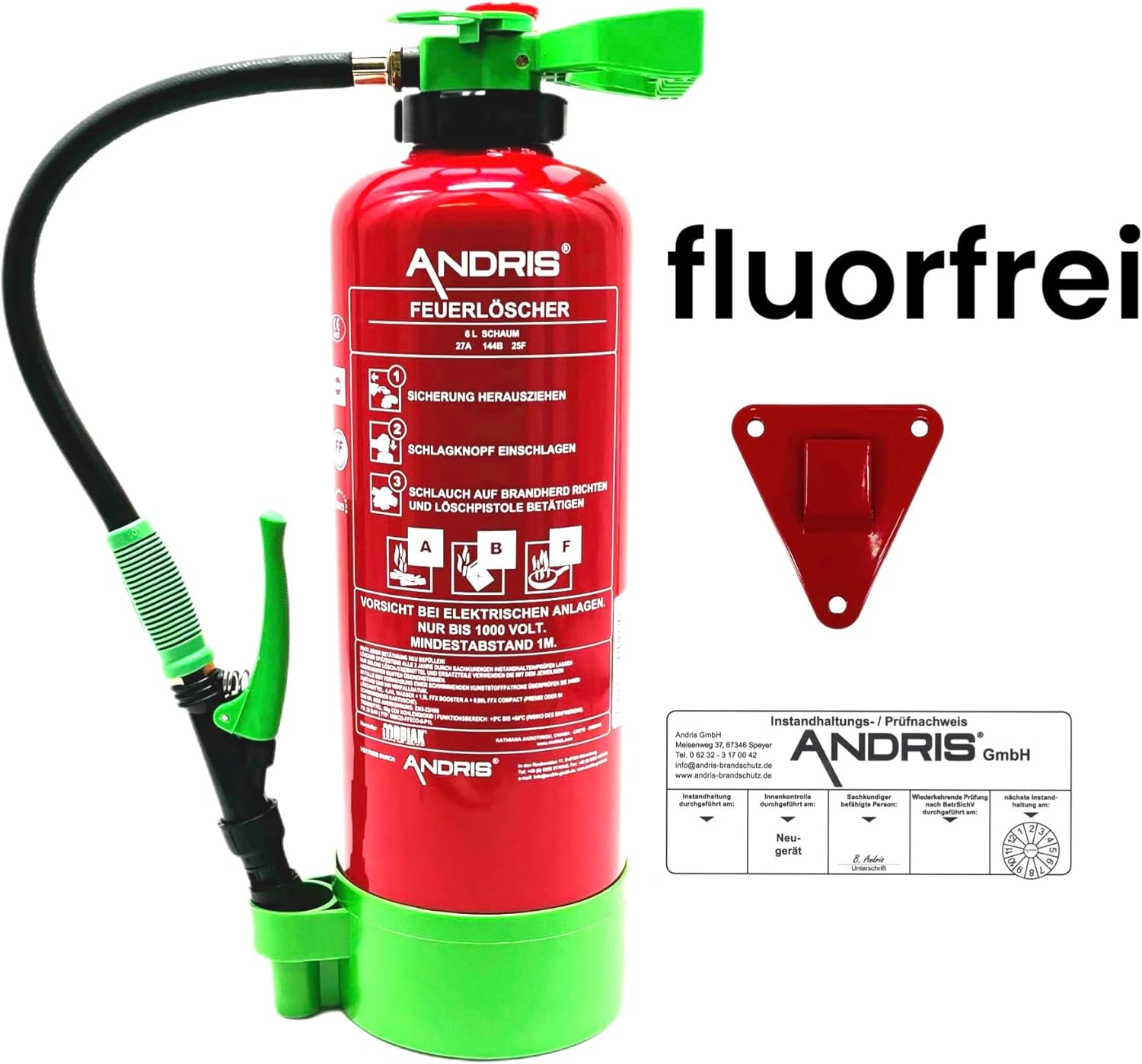 Aufladefeuerlöscher fluorfrei 6L ABF Schaum ANDRIS® (Fettbrand), 27A 144B 25F, EN 3 inkl. Wandhalterung, Standfuß & Orig. ANDRIS® Prüfnachweis für 2 Jahre