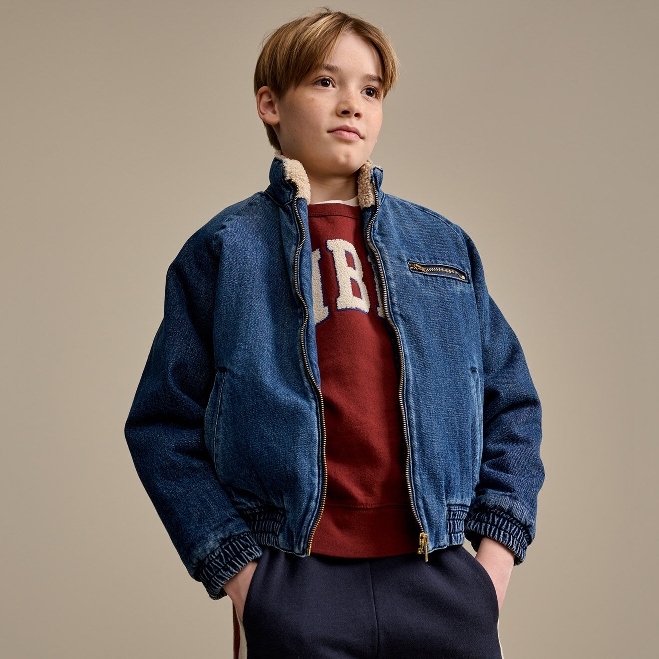 Bellerose Bomber en jean Hedy doublé polaire bleu stone
