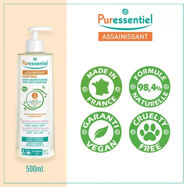 Sabonete Líquido Higienizante Puressentiel com 3 Óleos Essenciais Orgânicos 500ml