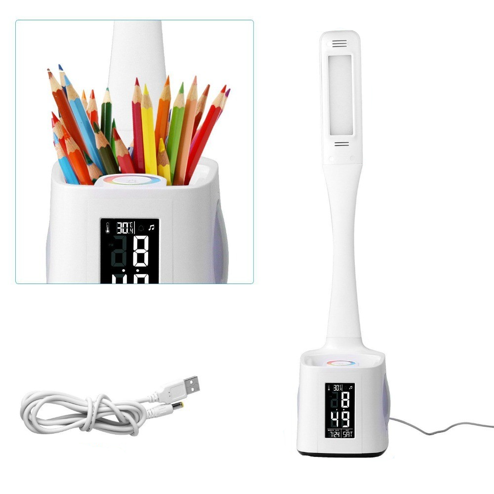 (10W) 6in1 LED Schreibtisch Lampe Dimmbare Tischleuchte mit Stift Halter / Kalender / USB Anschluss - Weiss