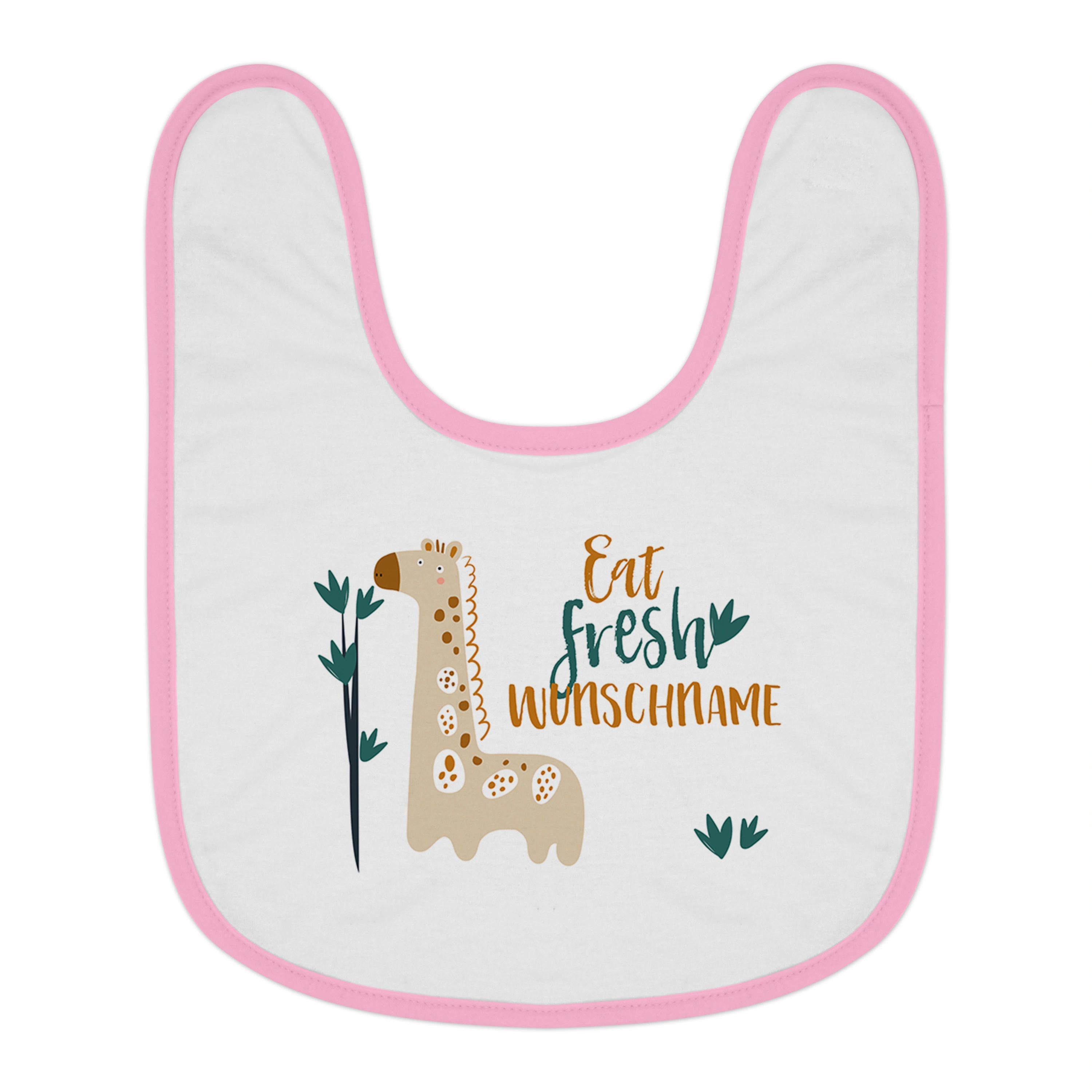 Baby-Lätzchen mit Namen, rosa (Motiv: Giraffe)