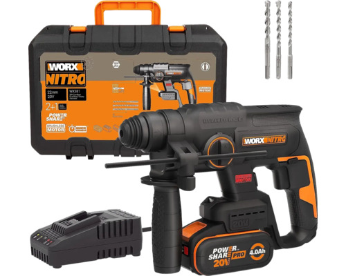 WORX Nitro 20V 2 Joule WX381 accuboorhamer, borstelloze motor, inclusief koffer, 1 x 4Ah accu en lader