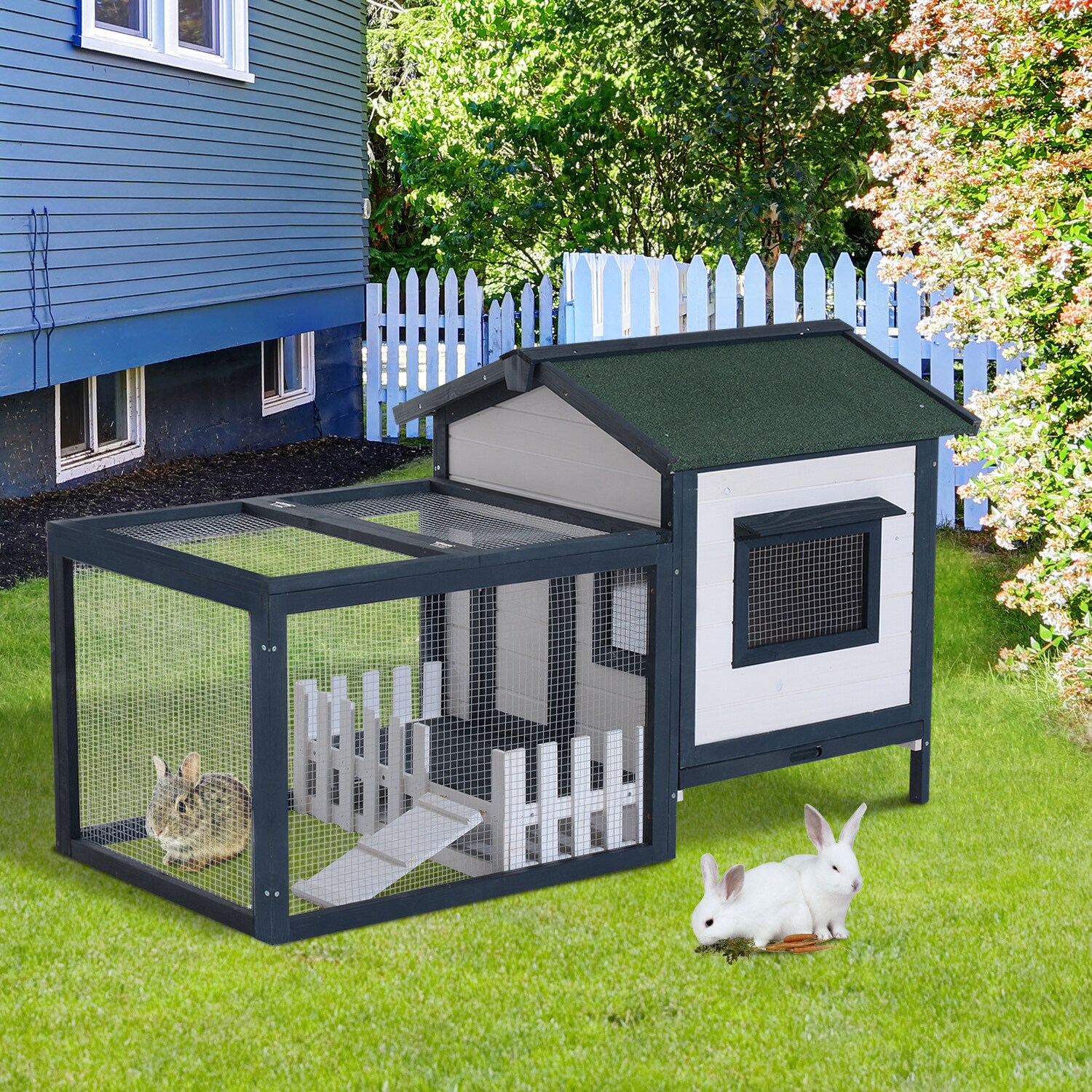 PawHut Meerschweinchenstall mit Freigehege grün, weiß 151 x 78 x 84 cm (LxBxH)
