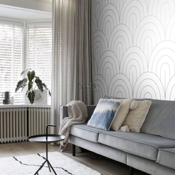 Estahome Art Deco Motief Fotobehang I  - 1,5 x 3 m - Wit / Zwart