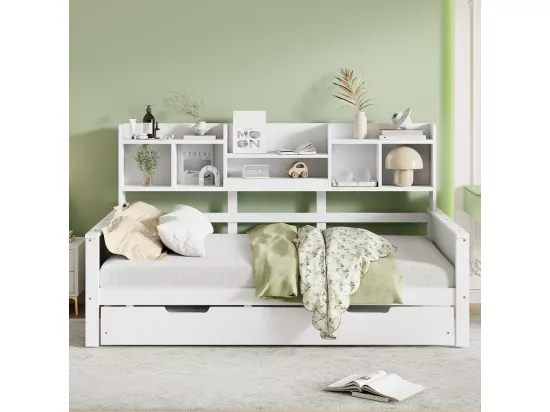 Canapé-lit gigogne 90x200 cm - Lit gigogne 90x190 cm - avec rangement - sommier à lattes - pin multi - blanc (matelas non inclus)