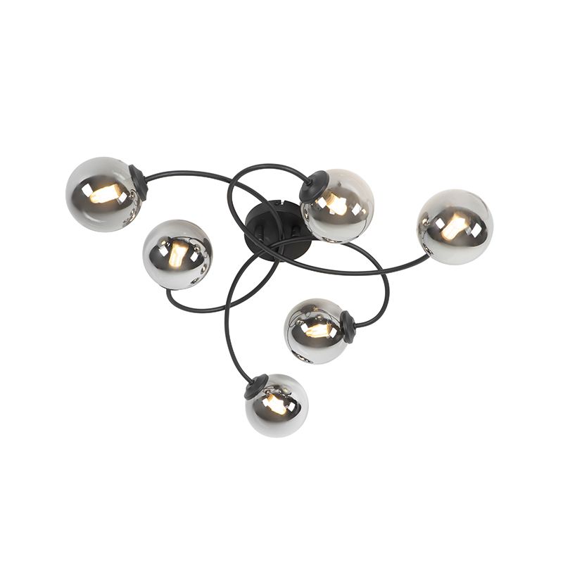 Moderne plafondlamp zwart 6-lichts met smoke glas - Athens