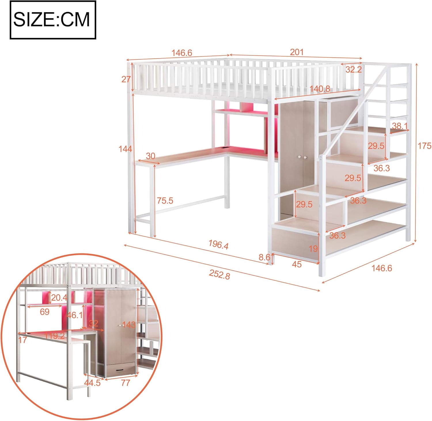 Merax Metall Hochbett 140x200 cm, mit Schreibtisch, Regal, Kleiderschrank und Schubladen, Hochbett mit LED Beleuchtung, Steckdose, USB Typ C, weiß (ohne Matratze)