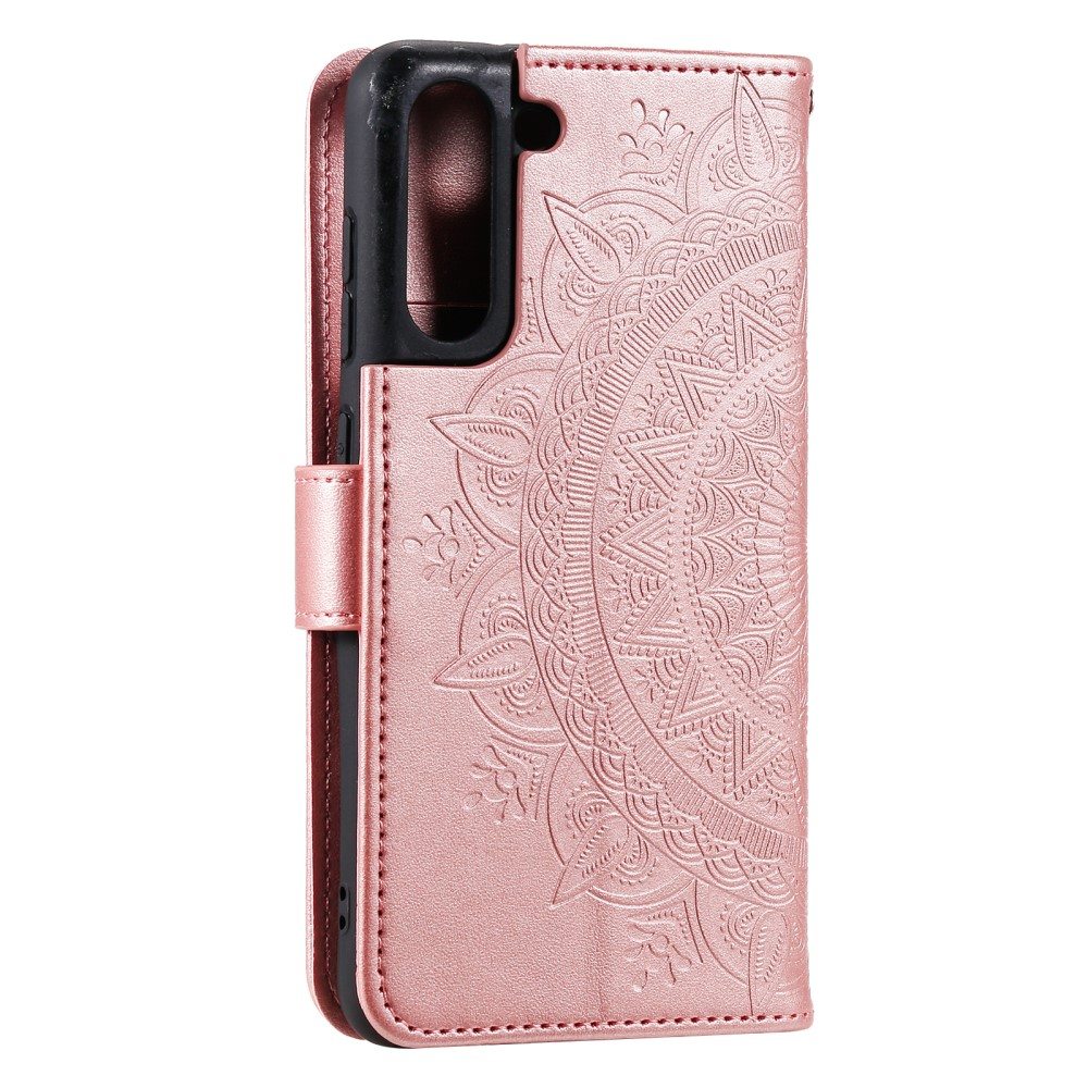 Samsung Galaxy S21 FE 5G Leder Tasche Wallet - Mandala Flowers Imprint - Roségold