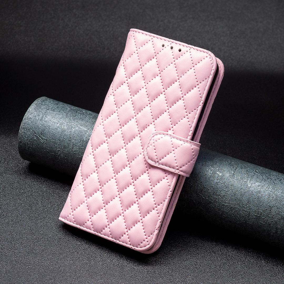 iPhone 13 Pro Leder Tasche Flip Cover Steppmuster - Rosa