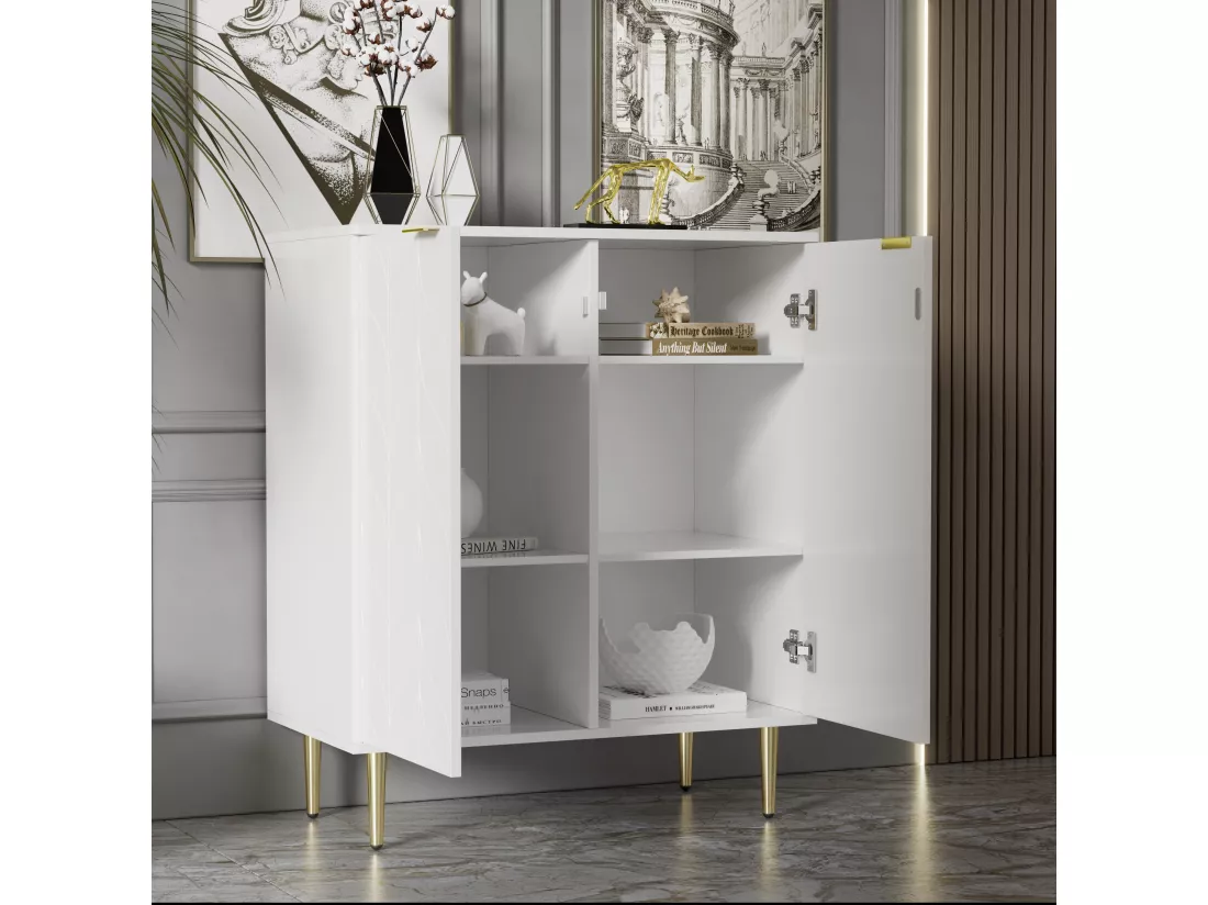 Buffet bas avec 2 portes - Motif floral - Panneaux de particules - pour salon, salle de bain - Blanc - 75 x 40 x 90 cm