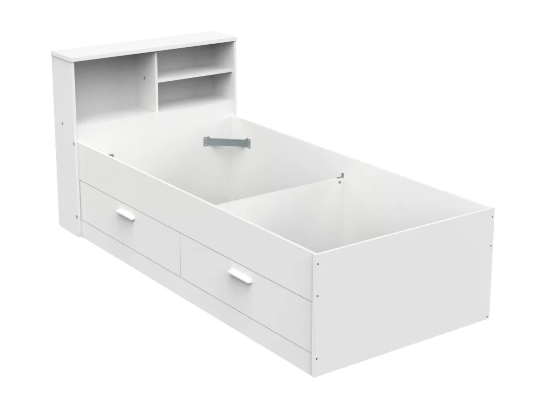Lit 90 x 190 cm avec tiroirs et rangements - Coloris : Blanc + Sommier - BORIS II