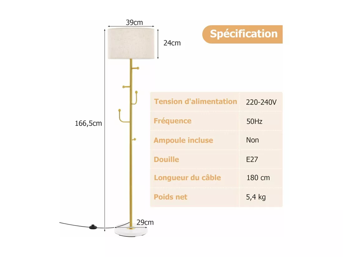 Lampadaire sur pied salon 166,5cm avec interrupteur au pied, lampe sur pied avec base doré