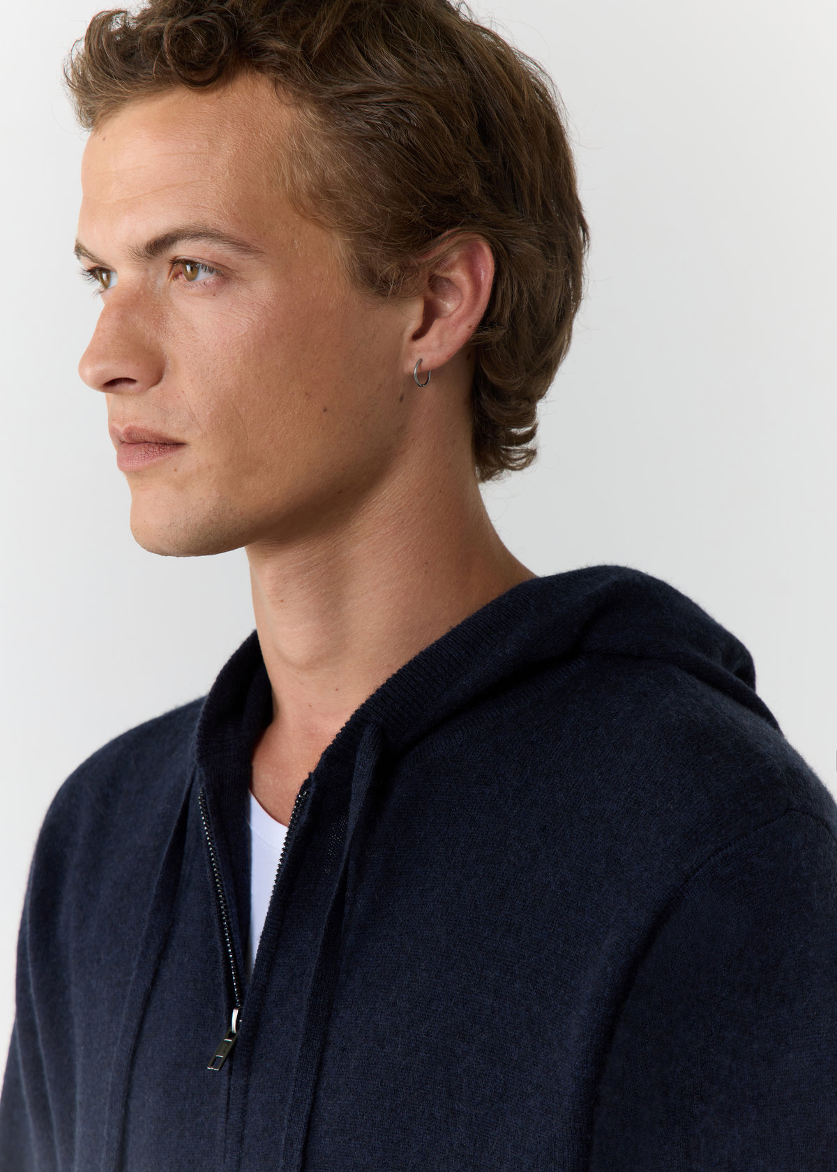 Gilet à capuche zippé en cachemire uni bleu jeans