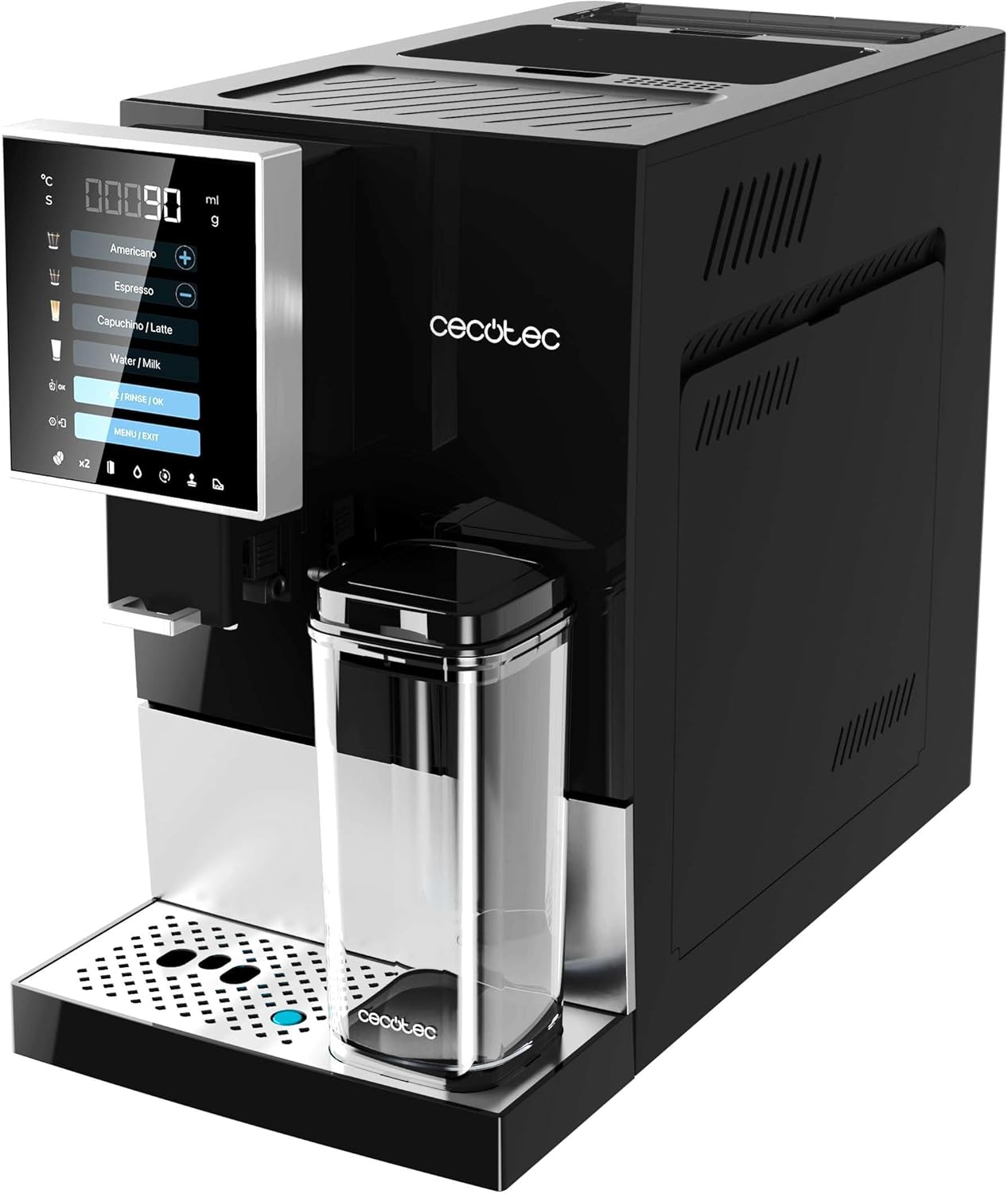 Cecotec Machine à Café Superautomatique Cremmaet Compactccino Black Silver, 19 bars, Réservoir à lait, Système Thermoblock, 5 niveaux de mouture, Réservoir à café 150g