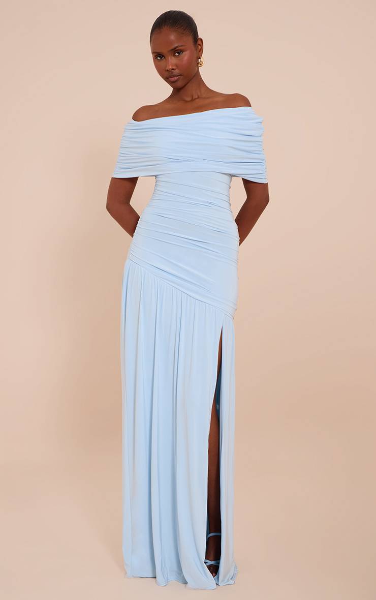 Bleu Robe Longue Froncée À Double Couche Slinky Bardot Asymétrique