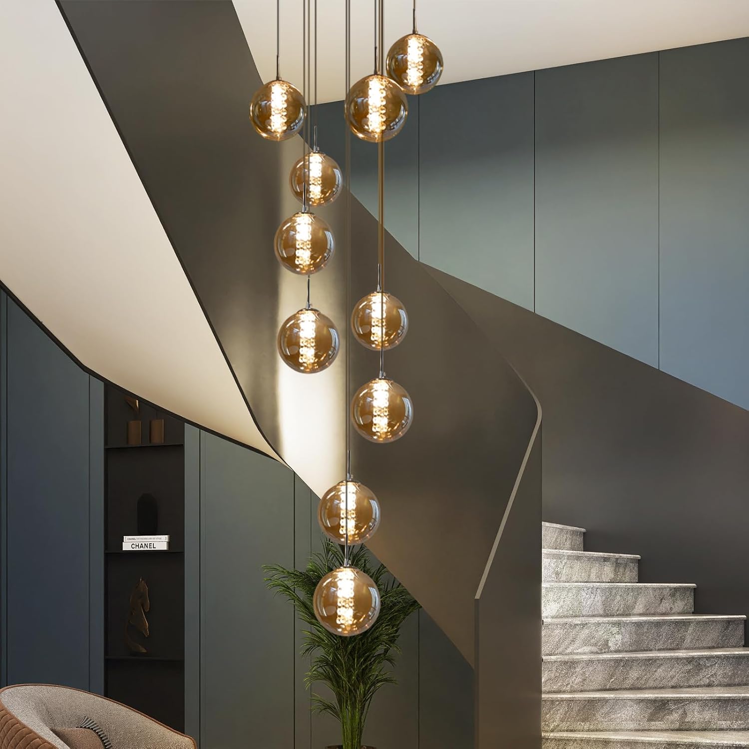 Pendelleuchte Wohnzimmer Pendellampe Modern - Treppenhaus Hängeleuchte 15 Flammig Hängelampe aus Glas 200CM Höheverstellbar Esstischlampe für Esszimmer Küche Esstisch Flur (Bernstein)