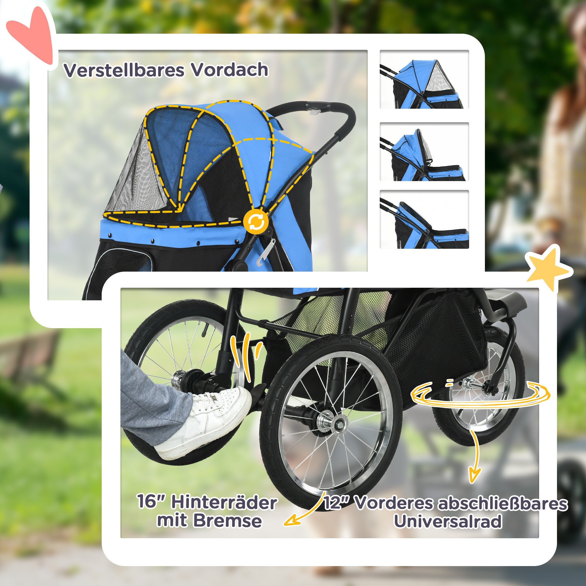 PawHut Hundebuggy mit Stauraum und Ablagekorb blau 111L x 58B x 107H cm
