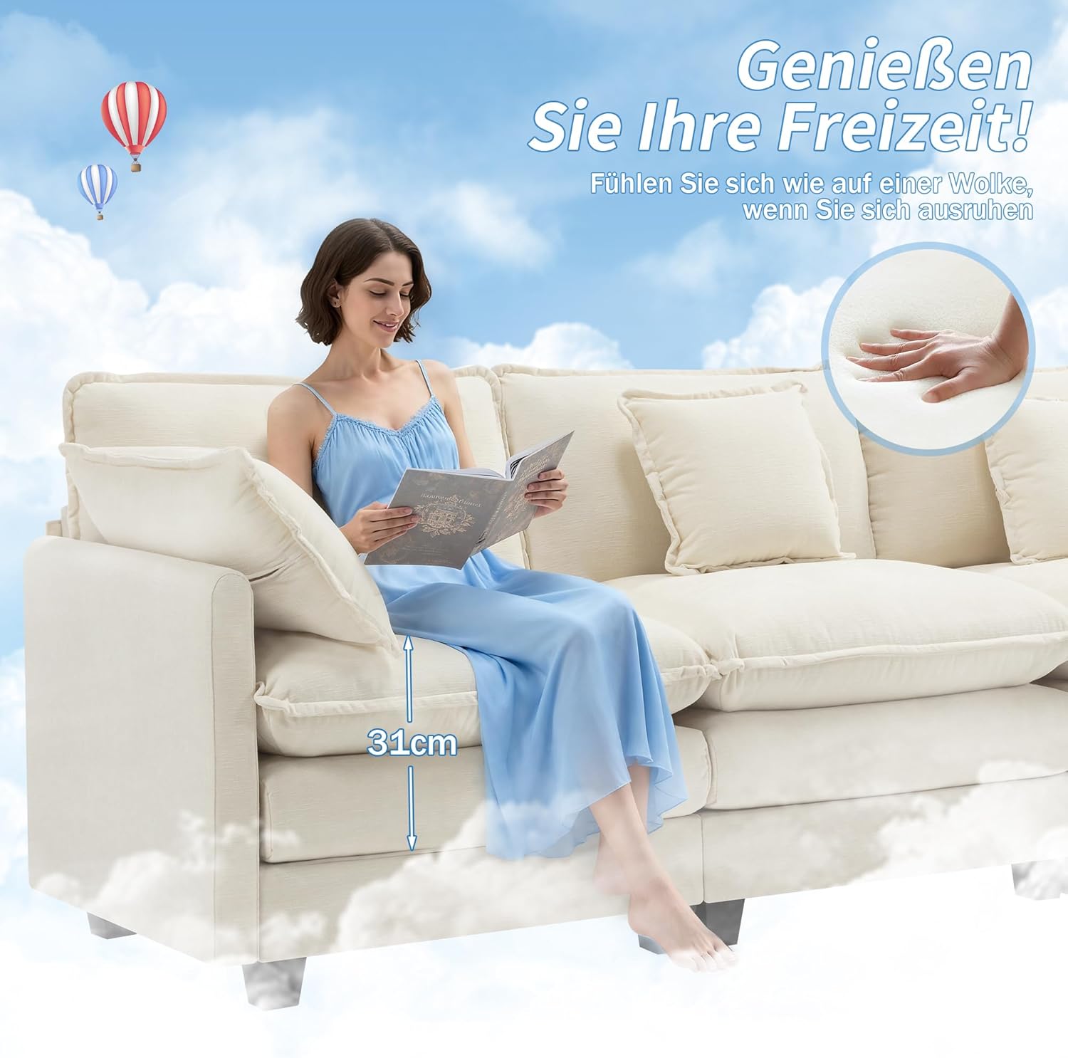 U-Form Cloud Sofa, Modulares Sektionssofa 6-Sitzer mit 2 Ottomanen, Modernes Sofa mit Dekokissen/Armlehnen, Atmungsaktivem Chenille-Stoff, U Sofa Couch für Wohnzimmer, Beige