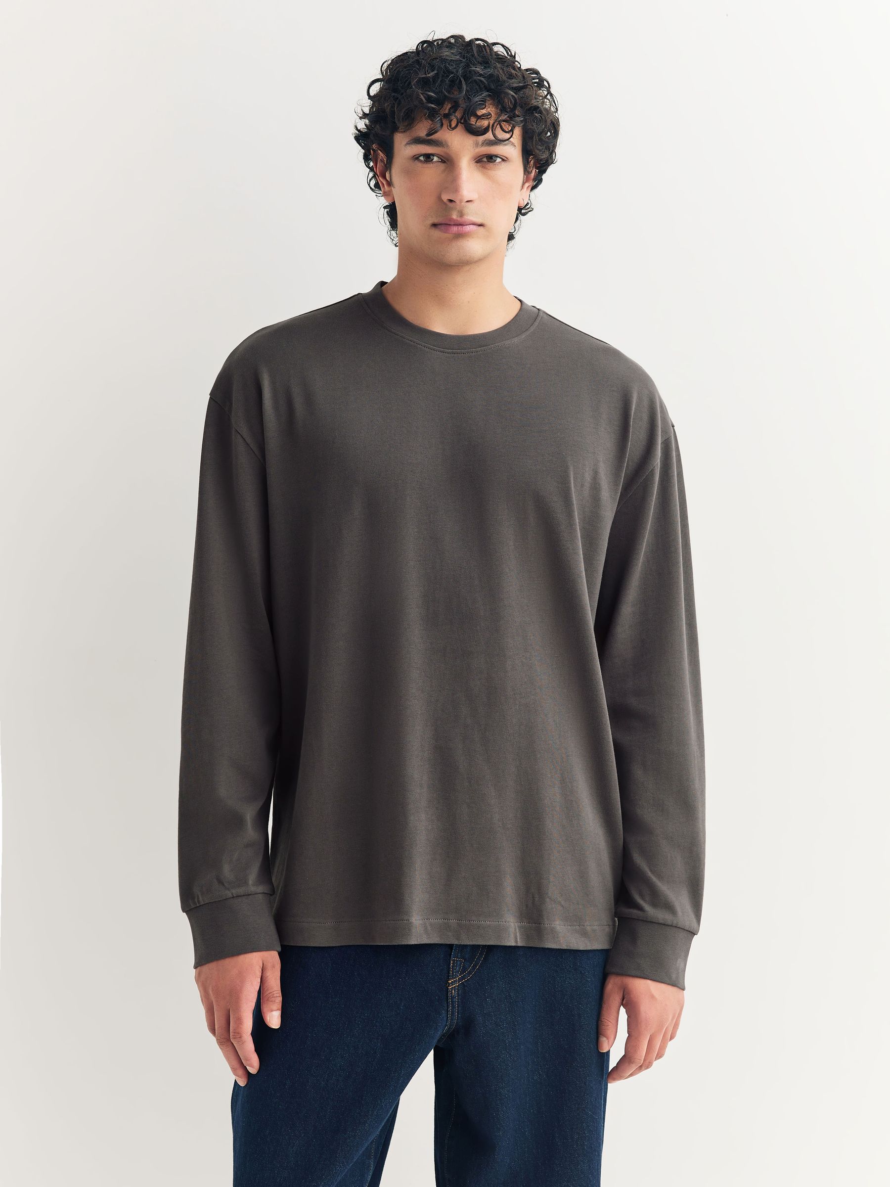 Leigrijs / Naturel gemêleerd / Khaki groen - Set van 3 ruimvallende, zwaargewicht 100% katoenen T-Shirts met lange mouwen