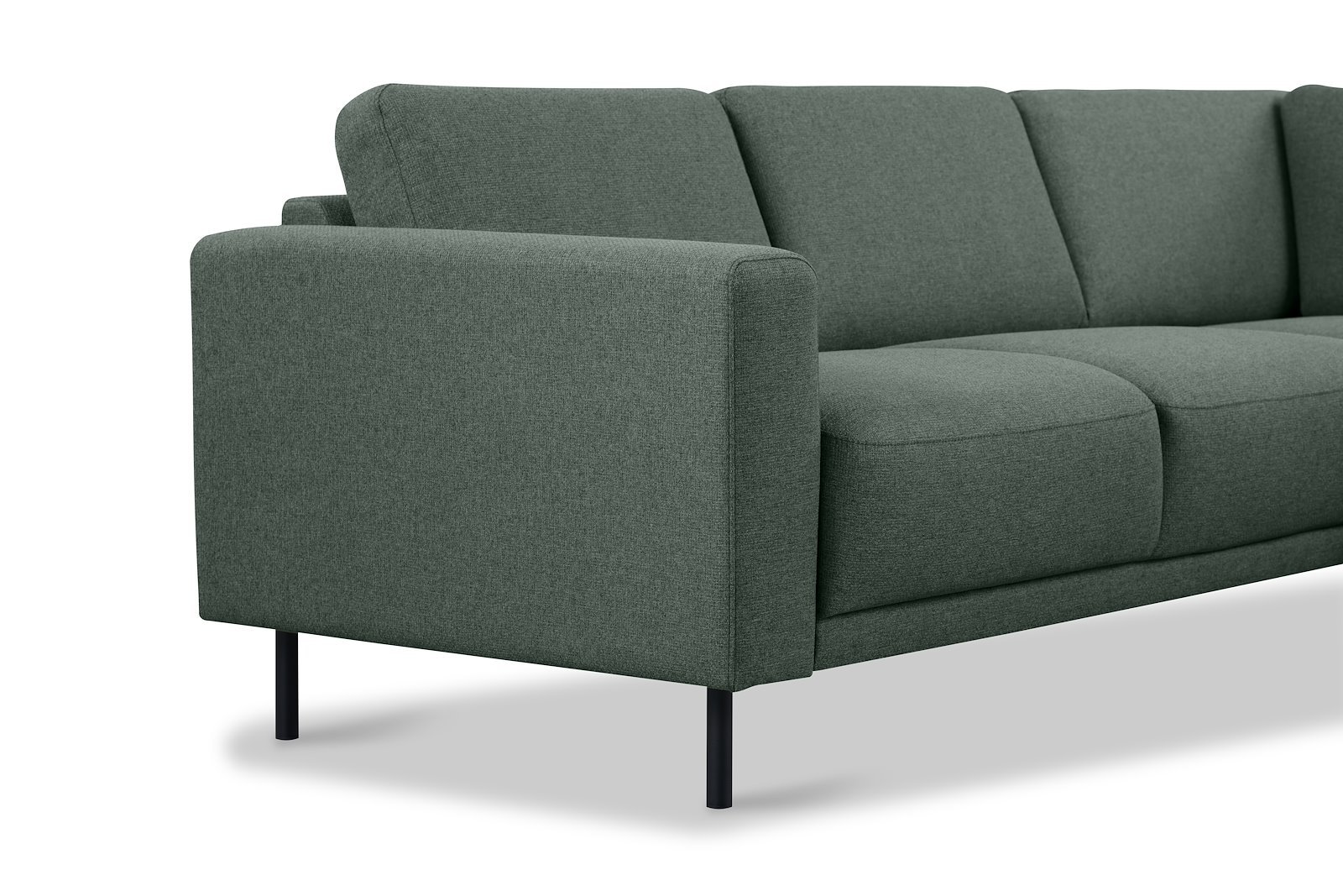 Portland hjørnesofa 2-seter med åpen ende høyre. Tekstil Herby 10 Green med sorte ben