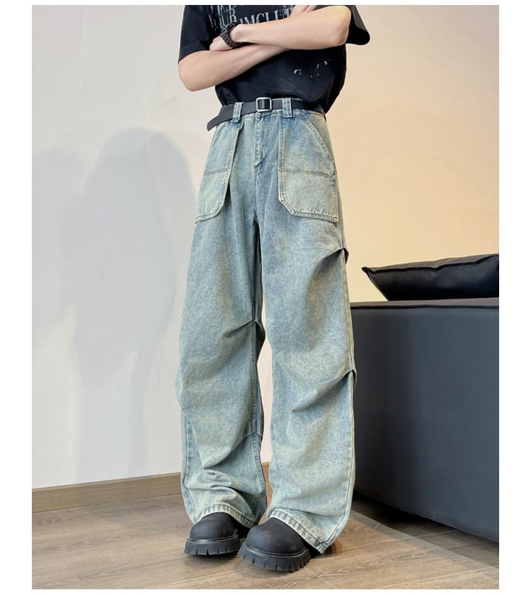 Filmas - Mid Rise Washed Ruched Wide Leg Cargo Jeans