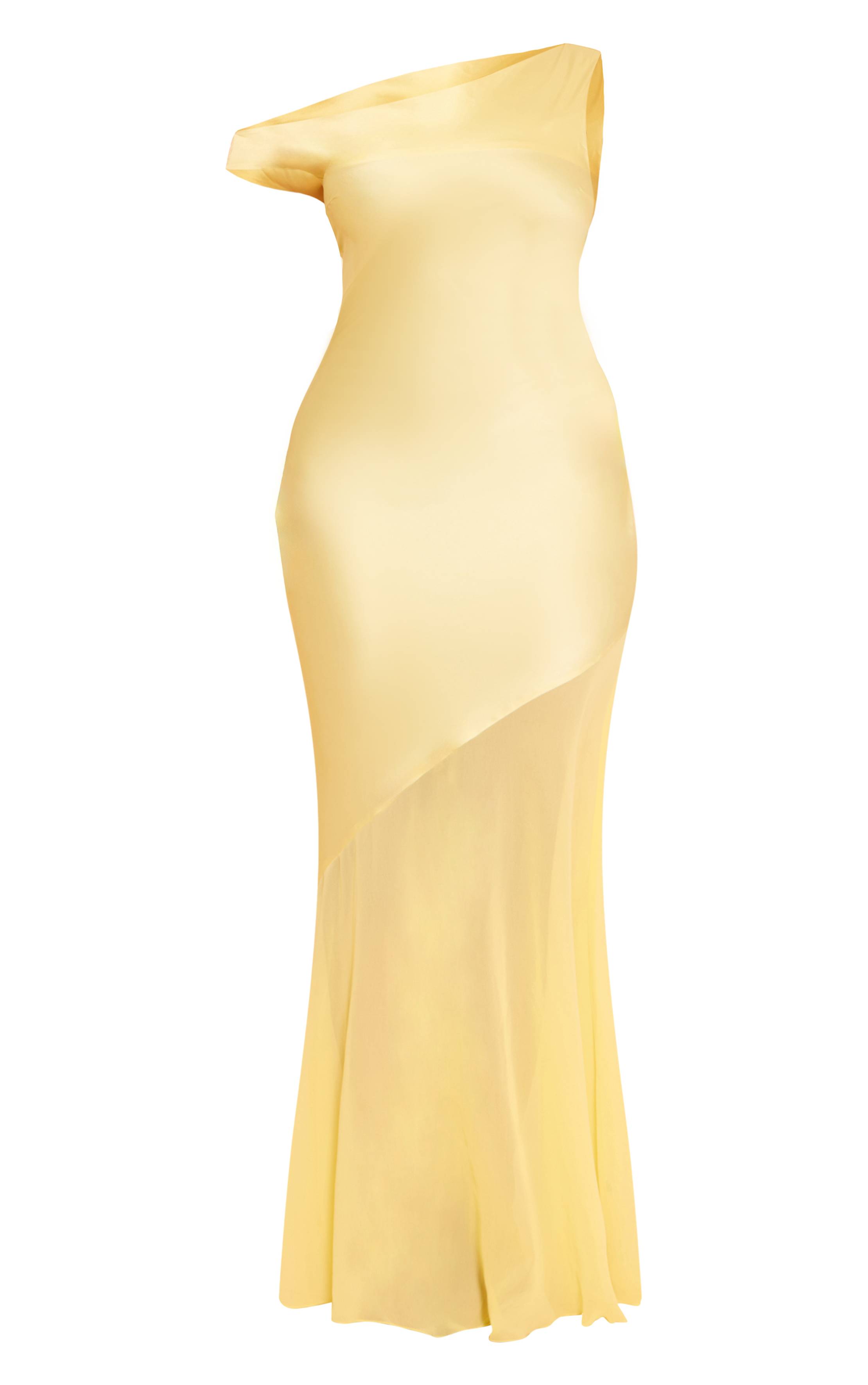 Pale Yellow Robe Maxi Moulante En Satin À Épaules Dénudées Et Ourlet Transparent Contrasté
