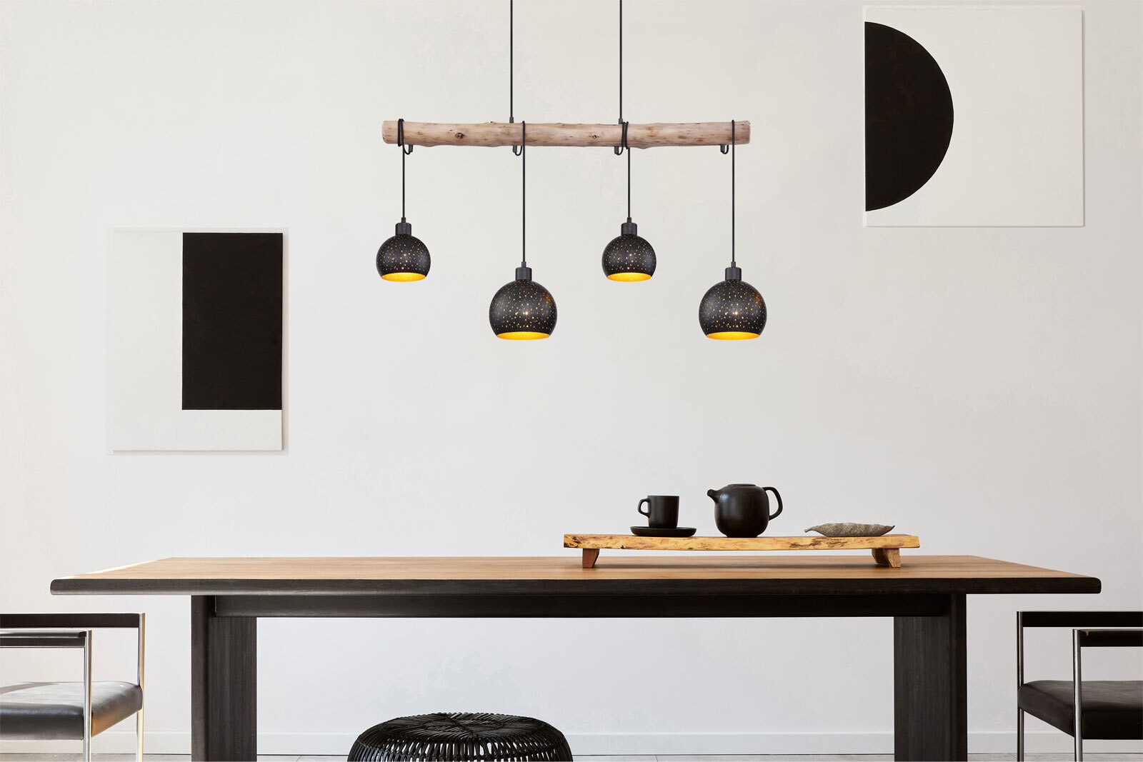 ADAJA Pendellampe schwarz 15452-4H, B/H/T: 100 x 120 x 18 cm, Metall, Holz