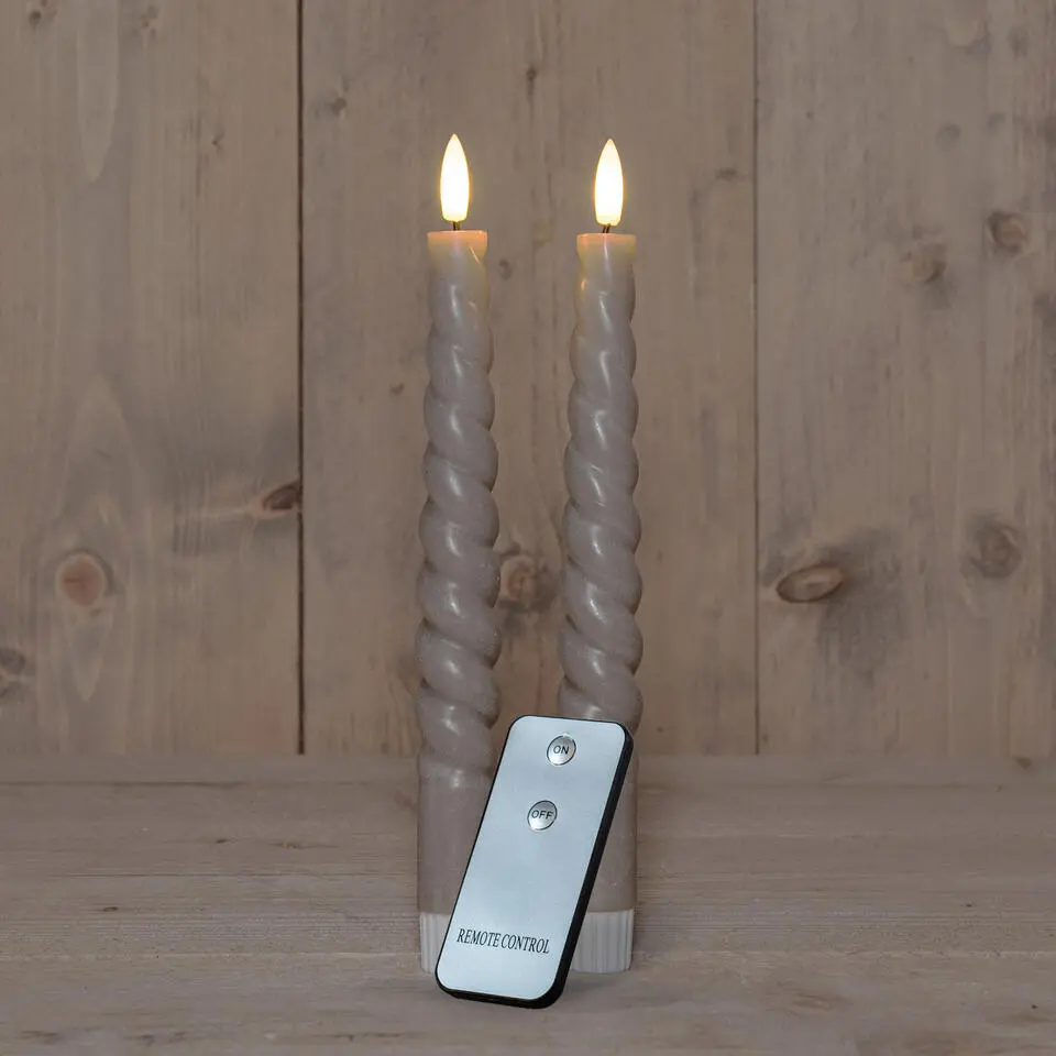 Anna Collection LED swirl dinerkaarsen - 2x st - taupe grijs - 23 cm