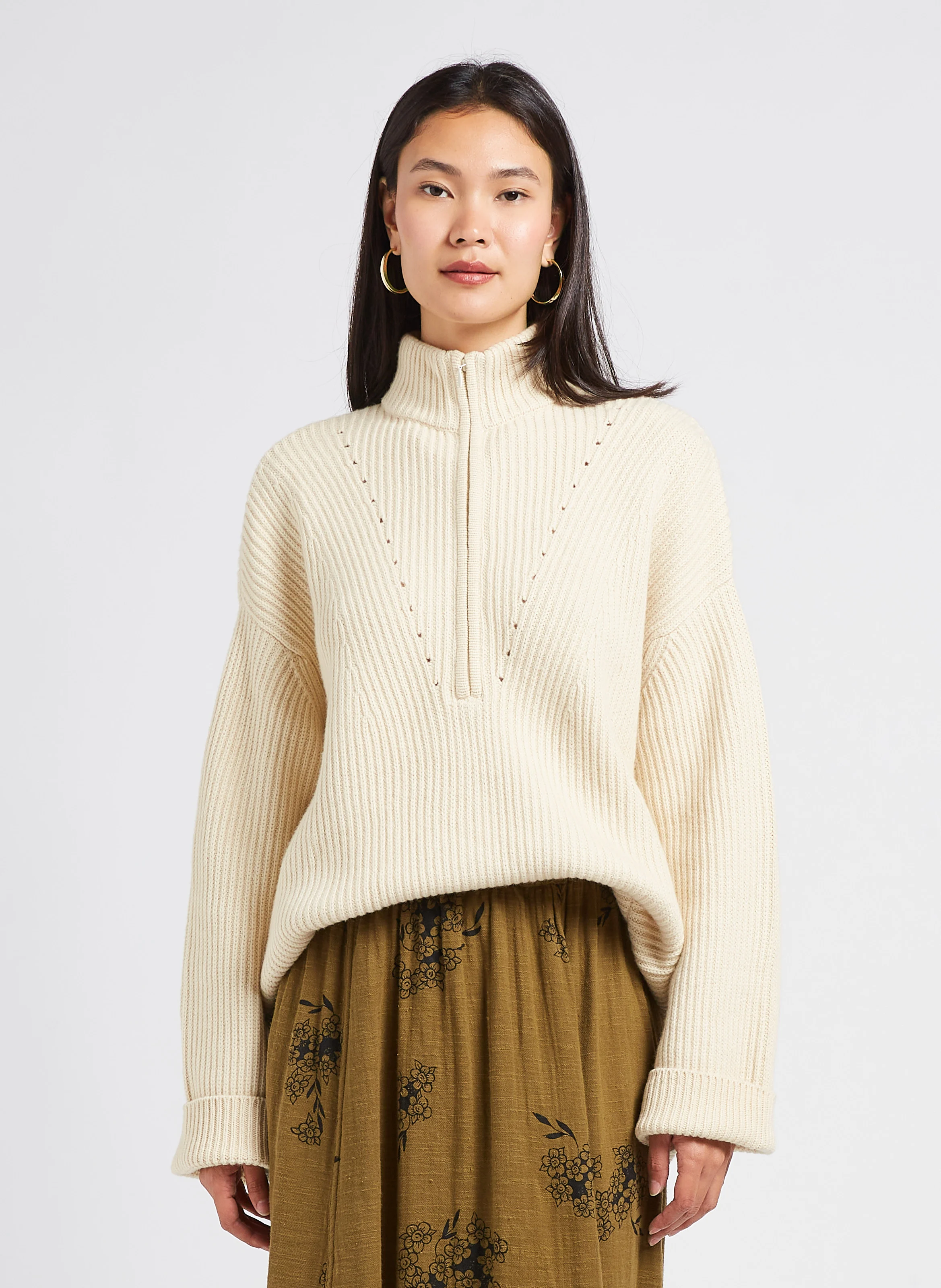 PULL ETOLE - Pull col montant zippé en laine mélangée | Blanc