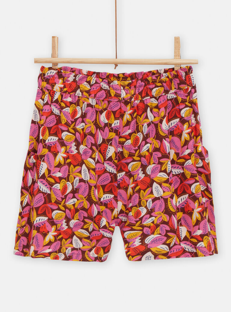 Short fluide marron imprimé feuilles pour fille