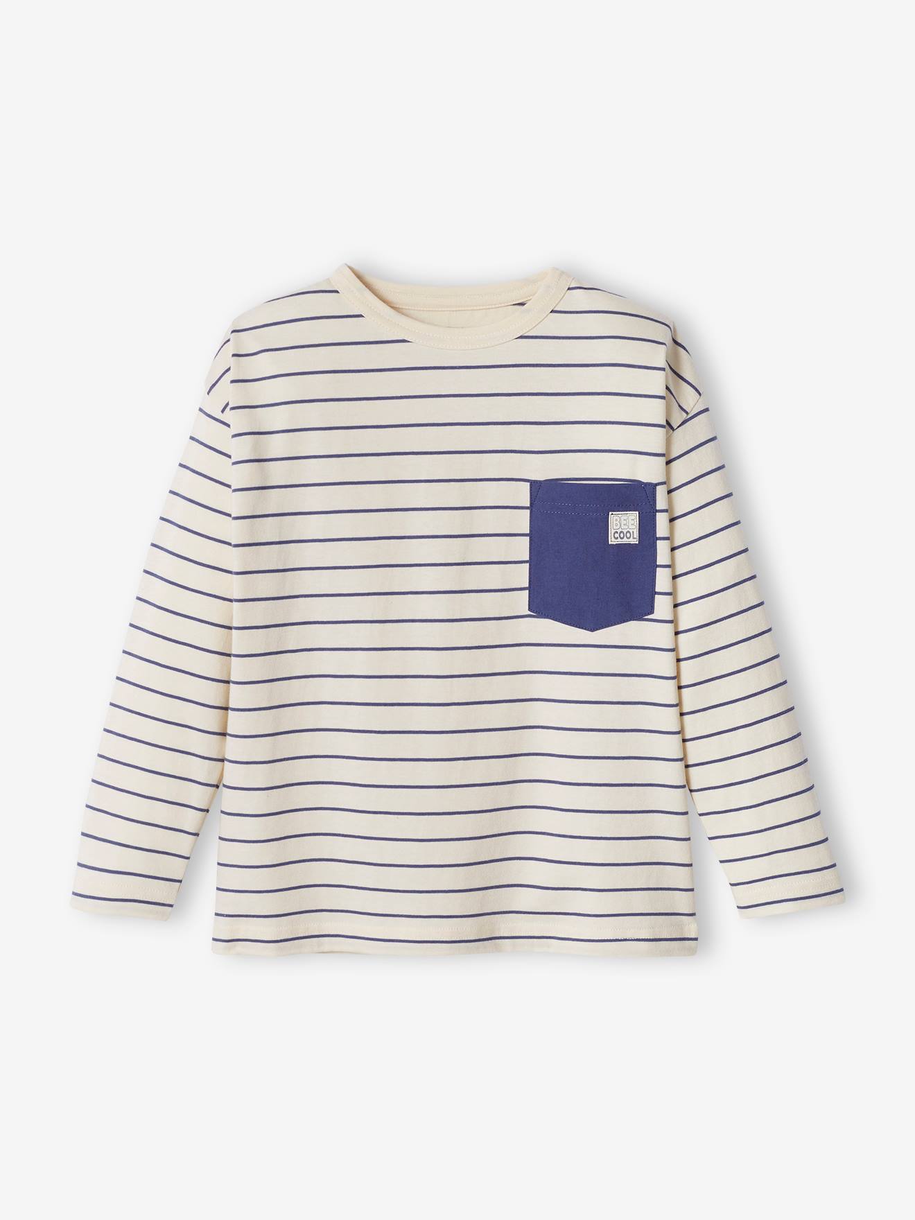 Camiseta branca listrada com bolso decorativo para meninos