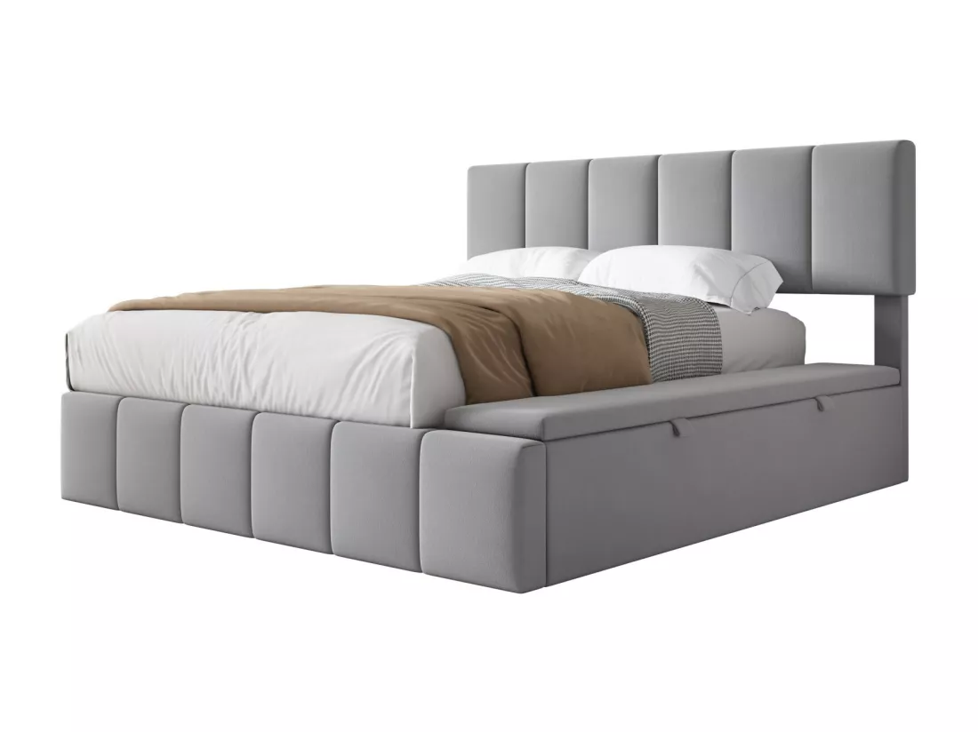 Lit coffre 160 x 200 cm avec tête de lit capitonnée - Velours Gris - cadre à lattes - lit 2 places avec banc de rangement sur le côté