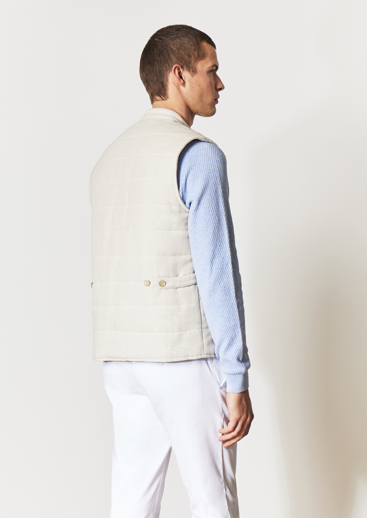 Doudoune light sans manches en coton et lin unis beiges