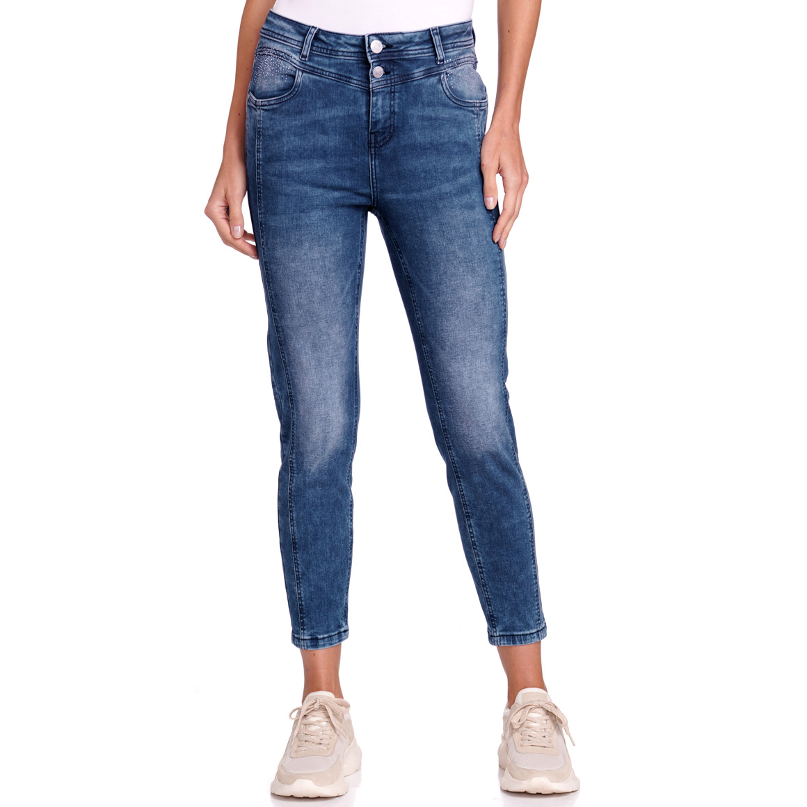 Gina Benotti Damen Slim-Jeans mit Glitzersteinen dunkelblau