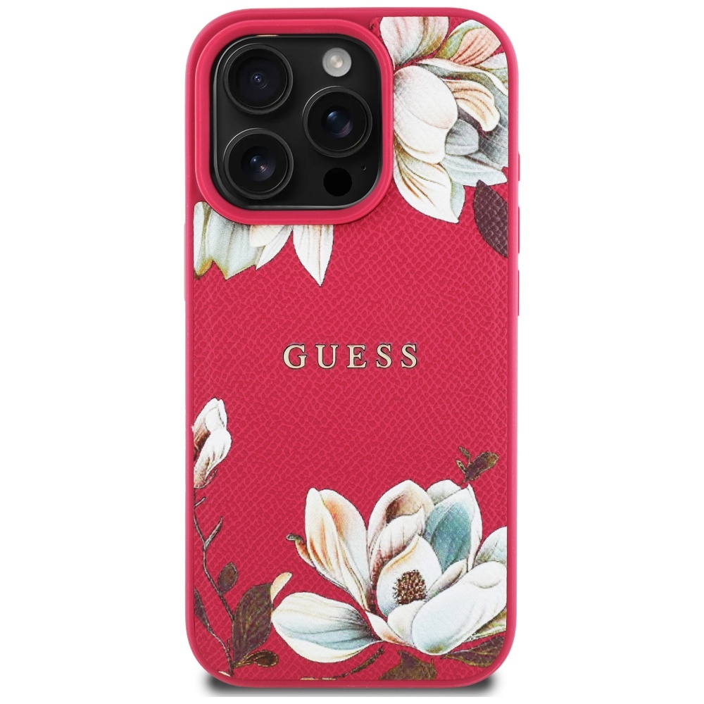 iPhone 16 Pro MagSafe Leder Hardcase Hülle Grained Printed Flower (GUHMP16LPGNMPLMF) - Rot