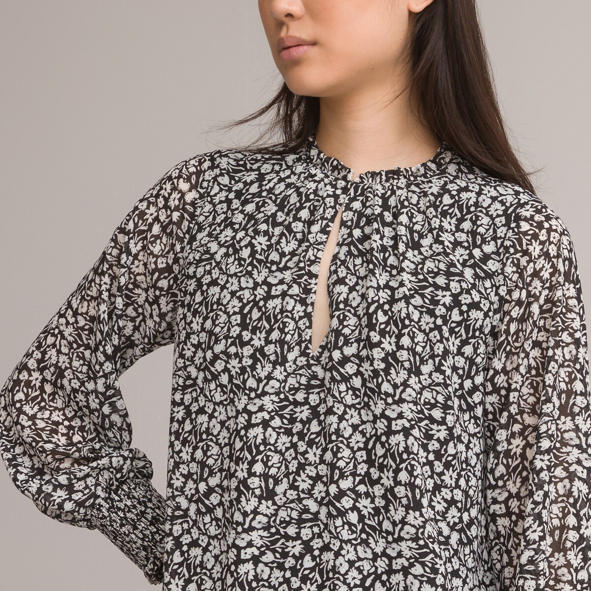COLEÇÃO LA REDOUTE<br>Vestido curto evasê, mangas compridas, estampa floral