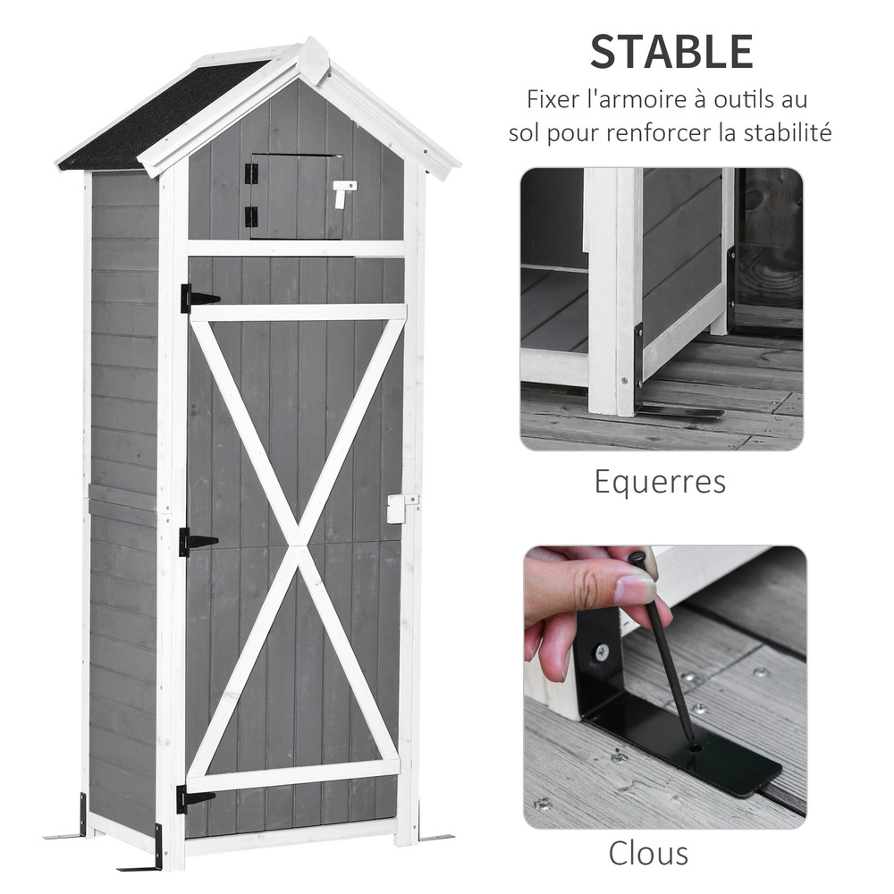 Armoire abri de jardin remise pour outils 4 étagères 9 crochets 2 porte loquets toit pente bitumé sapin gris blanc