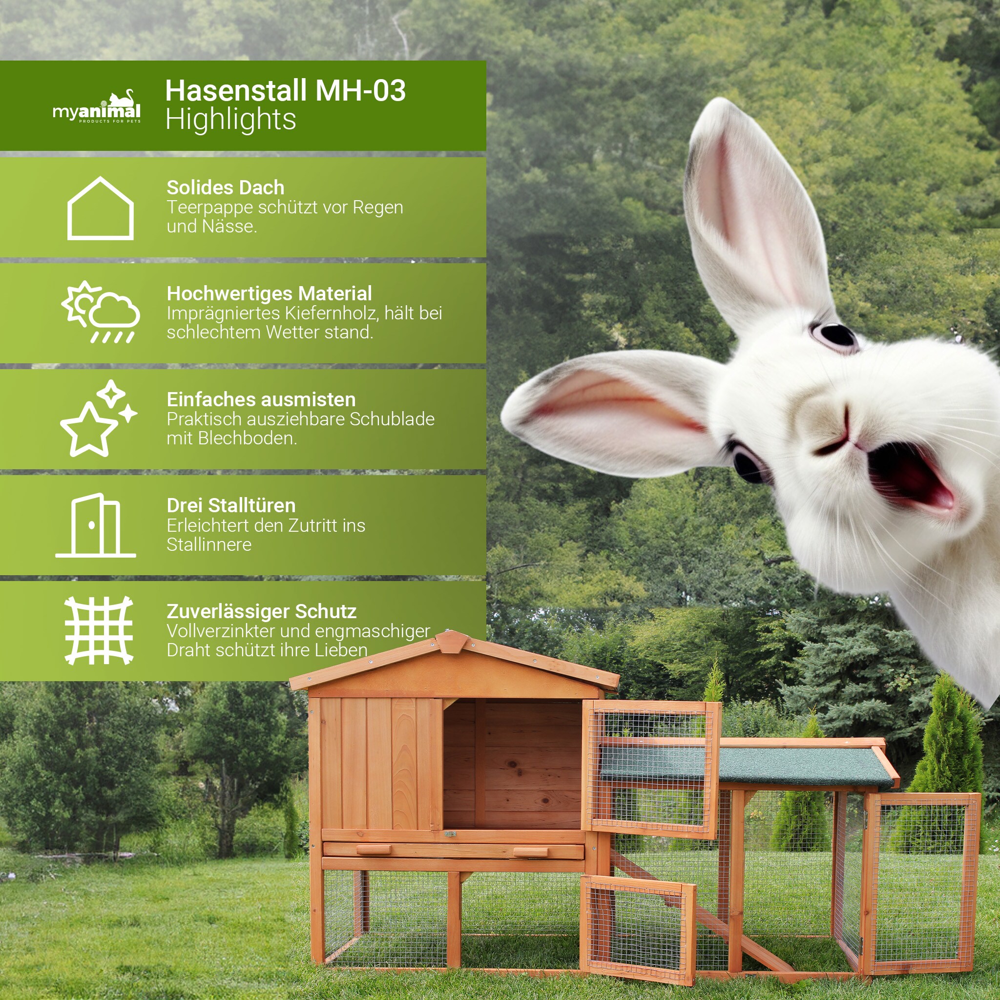 MyAnimal Hasenstall MH-03 Doppelstockhaus mit Garten, Freilauf, abnehmbares Dach, verzinkter Draht (Braun 2.0)