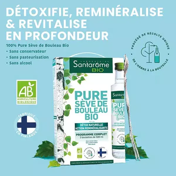 Santarome Orgânico - Seiva de Bétula Pura - Desintoxica e Remineraliza - Pacote com 3 x 500ml