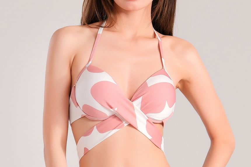SANQI - Set: Halter vlinderprint bikinitop met strik op de rug + broekje + cover-up