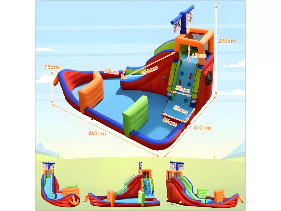 Château Gonflable Bateau Pirate 6 en 1, 316,5 x 428,5 x 286 cm, avec Long Toboggan, Mur d'escalade, Pataugeoire, Jeu de Fléchettes, Lancer d'Anneaux et Pistolets à Eau sans Souffleur