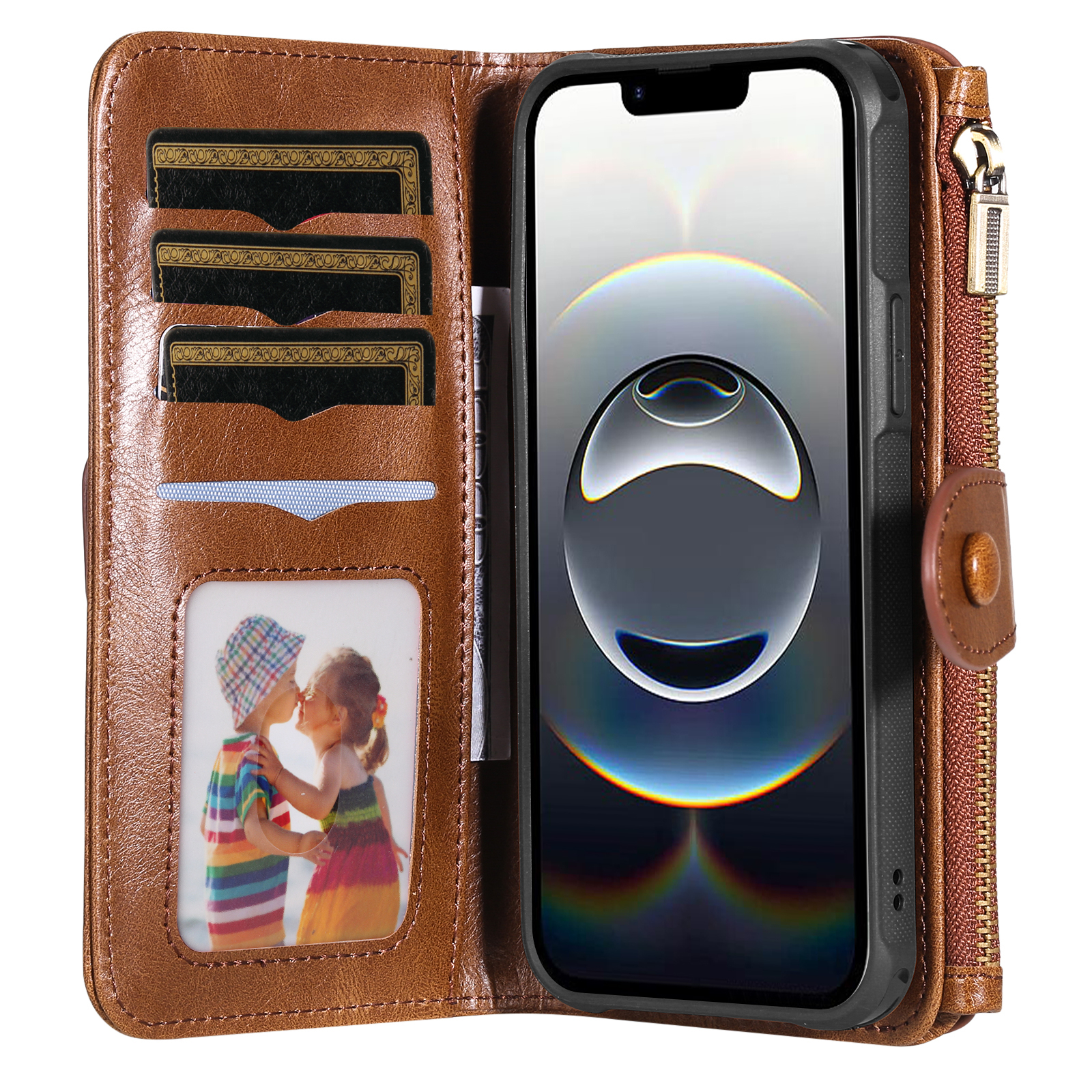 iPhone 16e Leder Wallet Etui Tasche mit 9 Kartenfächern   Münzfach - Braun