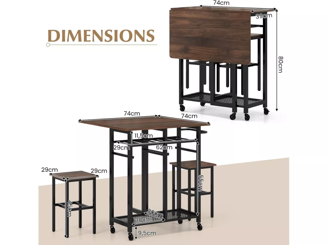 Table Pliante Interieur, Table Extensible avec 2 Tabourets, Desserte îlot Central Cuisine 39-74 cm à 5 roulettes, 2 Étagères, Porte-Bouteilles, Rallonge Rabattable, Design Compact(Marron)