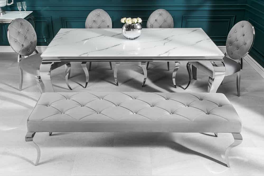 Design Esstisch MODERN BAROCK 180cm weiß chrom Glasplatte Marmor Edelstahlbeine