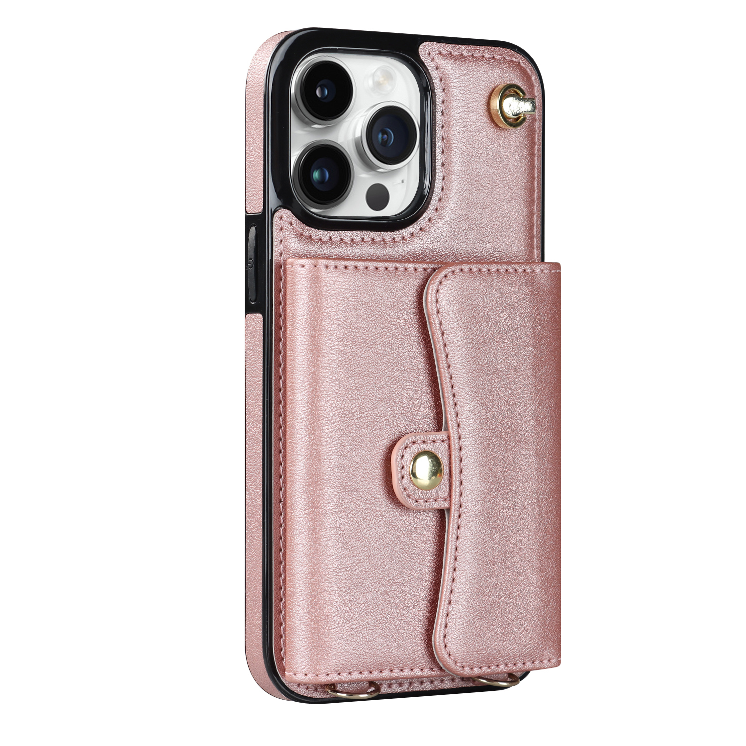 iPhone 14 Pro Necklace Leder Schutz Hülle mit Kartenfach   Handykette (140cm) - Roségold