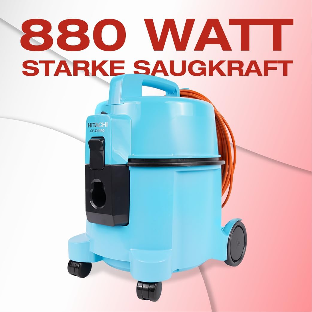 HITACHI Staubsauger CV-400 PRO mit HEPA Filter 7,5L, Beutellos - Profi Bodenstaubsauger 880W, leise 74 dB, 13m Radius, Teppichdüse & Zubehör, Gewerbesauger für Haushalt & Industrie (hellblau)