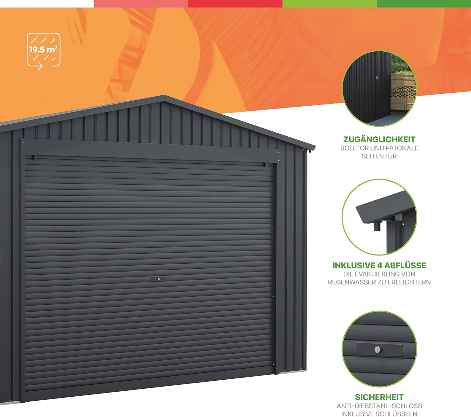 Wasabi - Metallischer Garagenunterstand 19,52 m² Jarama - 576x338x243 cm - Außen-Carport - Große Rolltür - Seitlicher Fußgängerzugang - Grau - Außenlagerung